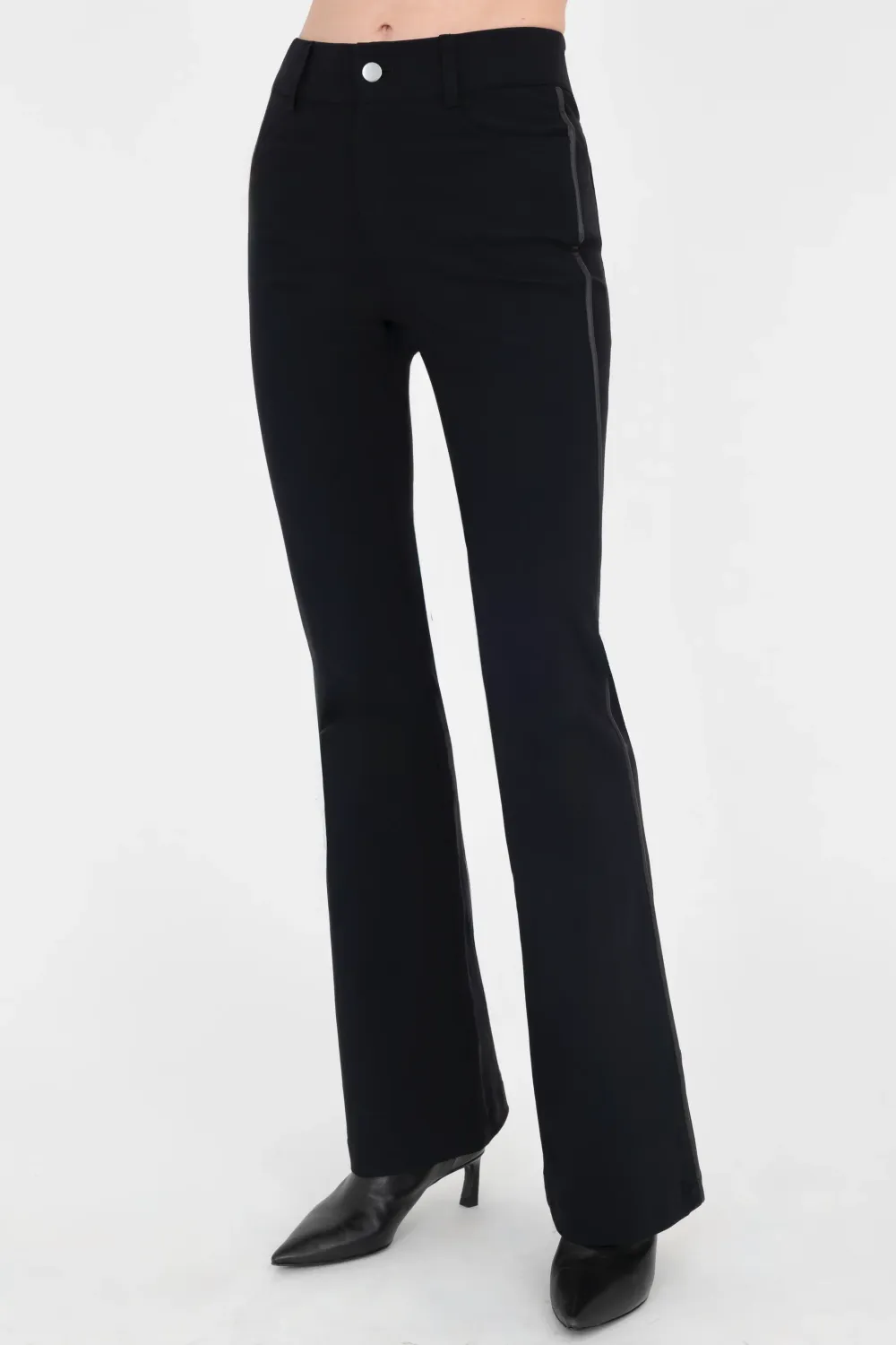Elaine Kim Timothy Black tech stretch flare jean with leather trim Elaine Kim Timothy Black tech stretch flare jean with leather trim