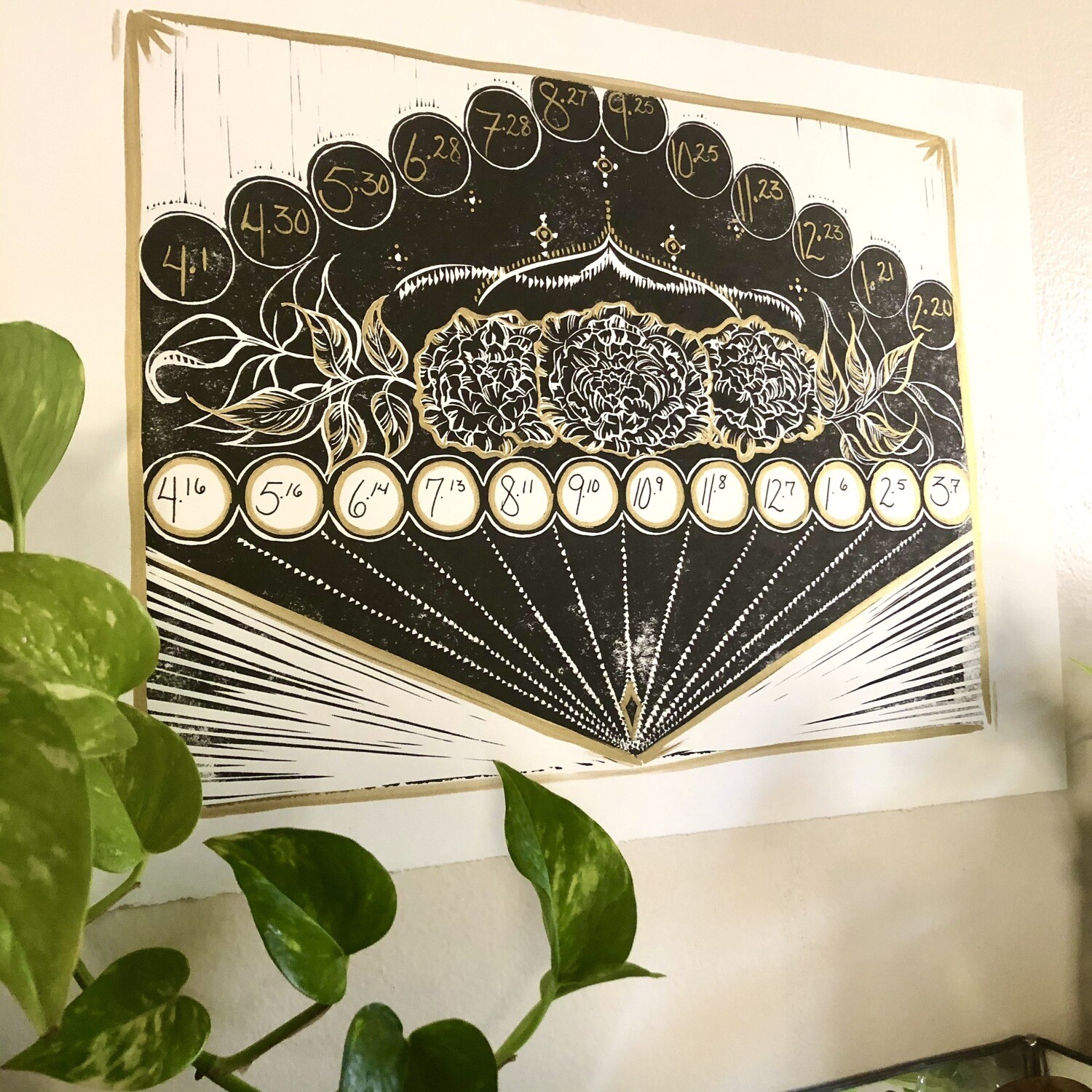 Moon Calendar Lino Prints ~hand embellished~