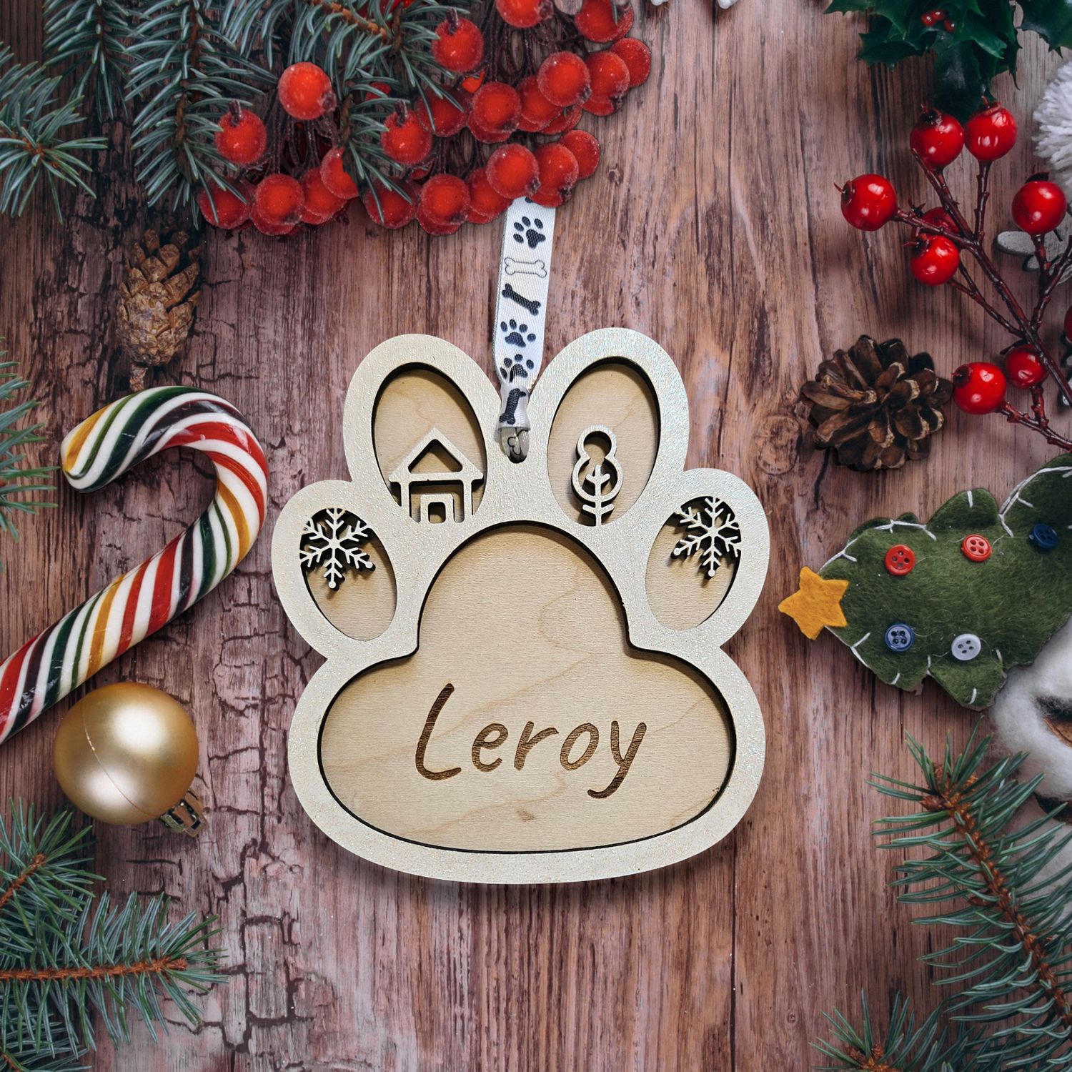 Fur Family Dog Paw Wood Ornaments