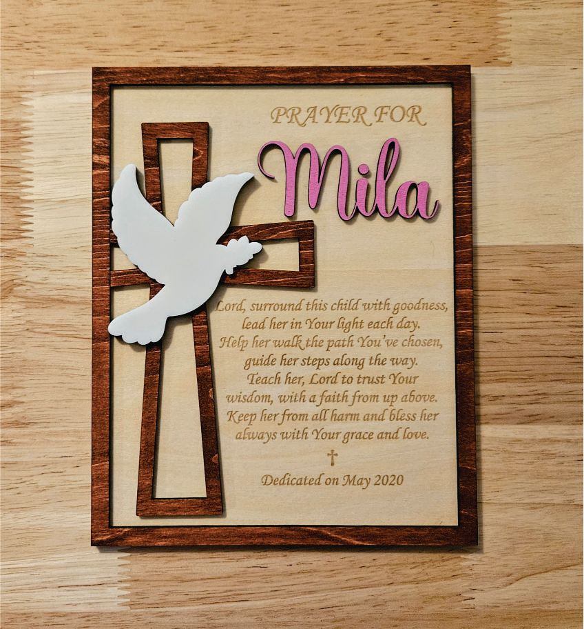 Personalized Baptism or Baby Dedication Sign – Layered Wooden Cross with Acrylic Dove