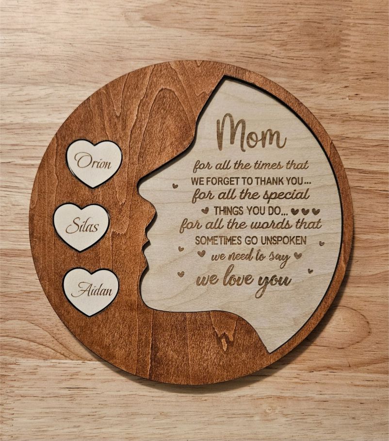 Personalized Mother Silhouette Sign – Custom Engraved Family Name Hearts