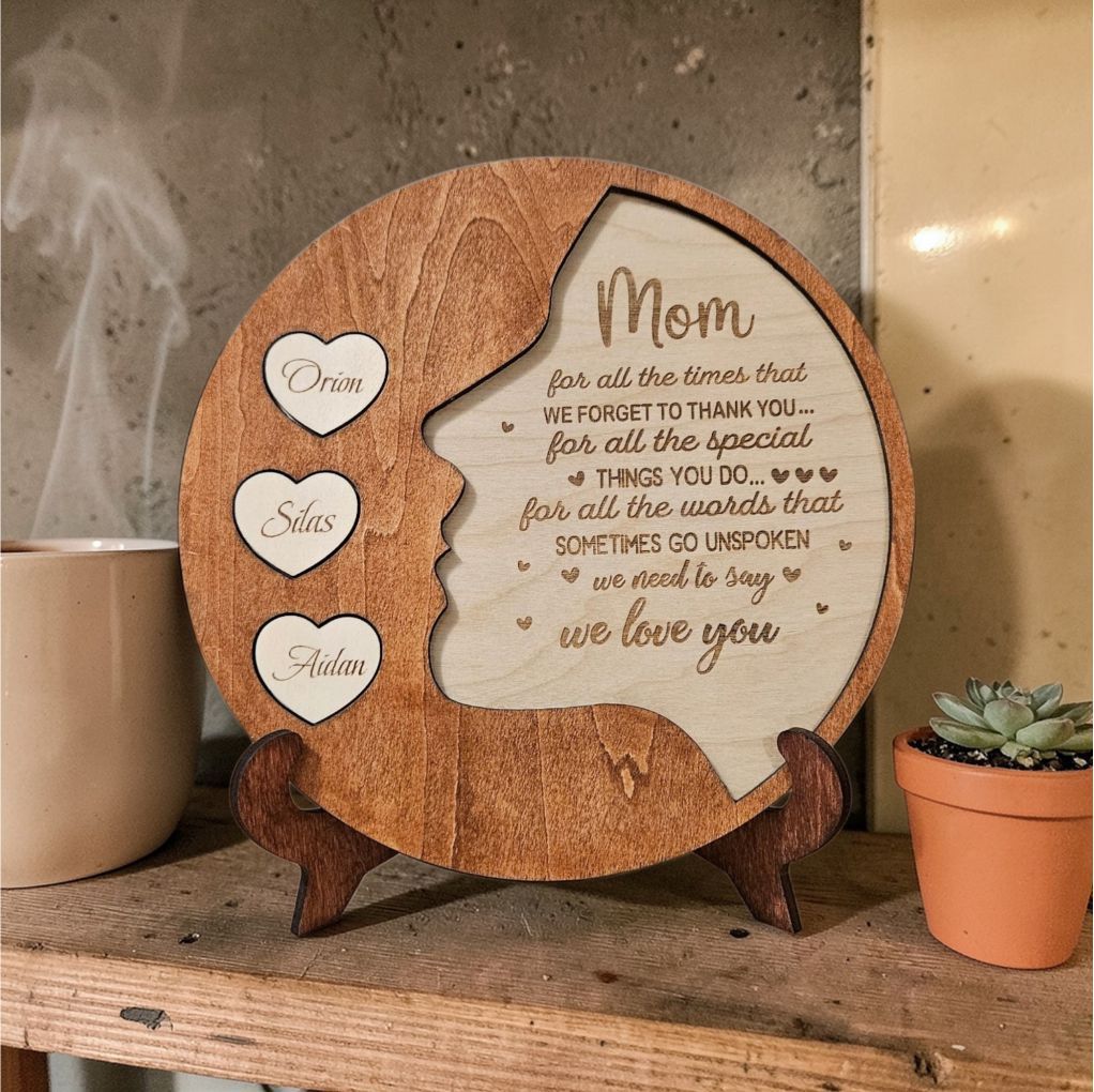 Personalized Mother Silhouette Sign – Custom Engraved Family Name Hearts