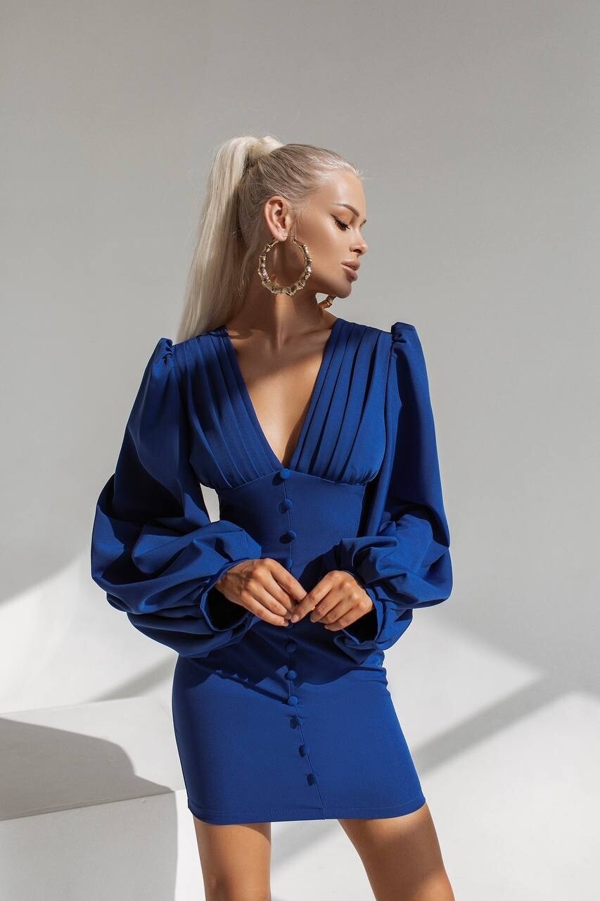 Backless Puff Sleeve Mini Dress Dark Blue