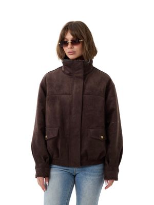 Šokoladinė striukė su zomšos tekstūra ir odos detalėmis