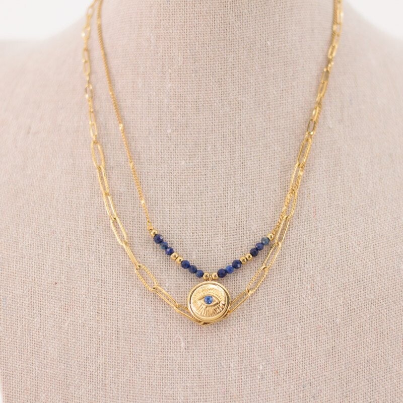 Collar acero dorado doble medalla ojo