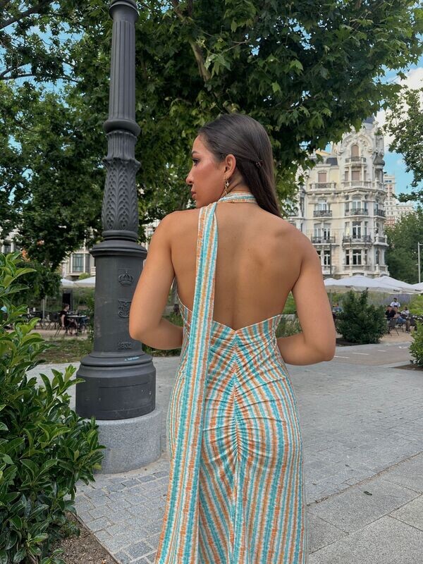 Vestido Gabriela mostaza y turquesa