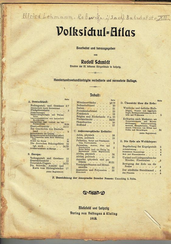 Volksschulatlas Das Deckblatt ist vorhanden. Der Inhalt ist auf Blatt 3 zu ersehen