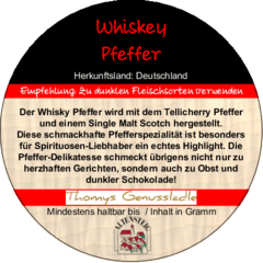 Whiskey Pfeffer schwarz ganz 50g