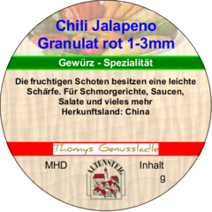 Chili Jalapeno Granulat rot 1-3mm 50g Chili Jalapeno Granulat rot 1-3mm 50g