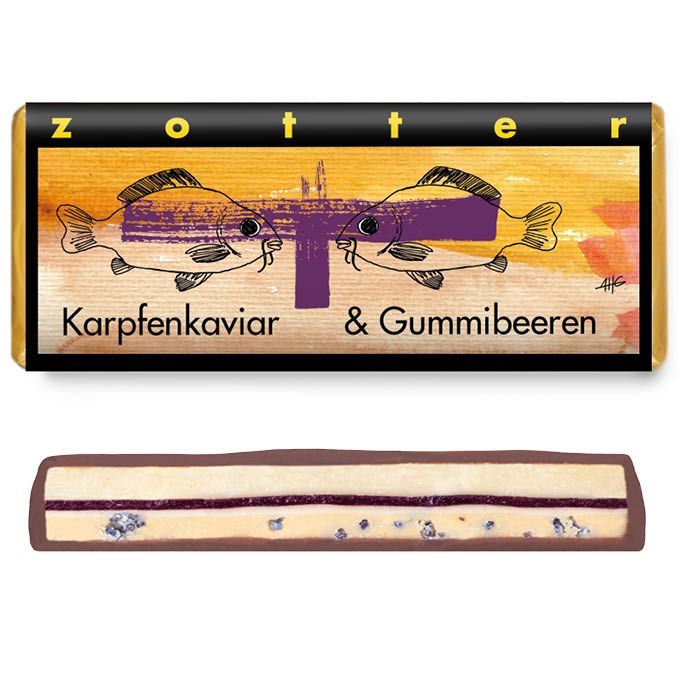 Handgeschöpfte Schokolade Karpfenkaviar & Gummibeeren, alkoholfrei! 70g Handgeschöpfte Schokolade Karpfenkaviar & Gummibeeren, alkoholfrei! 70g