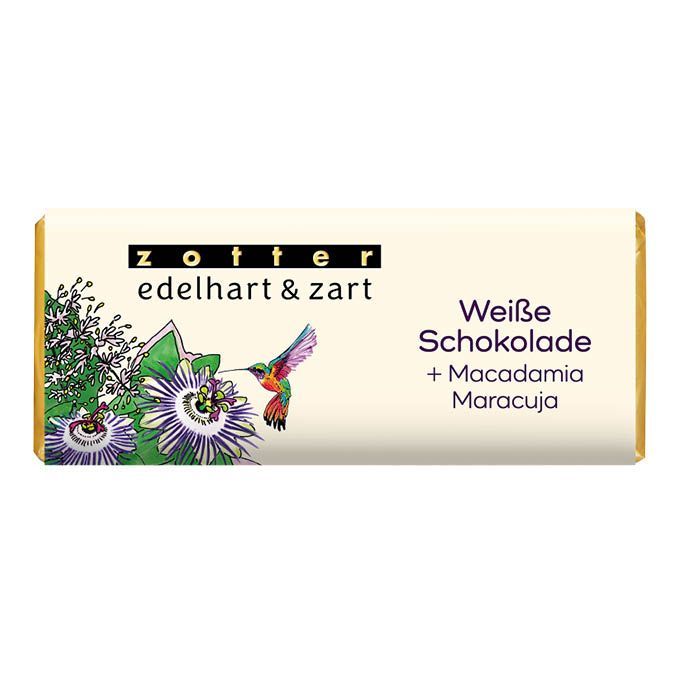 Weiße Schokolade + Macadamia / Maracuja, alkoholfrei, 70g Weiße Schokolade + Macadamia / Maracuja, alkoholfrei, 70g