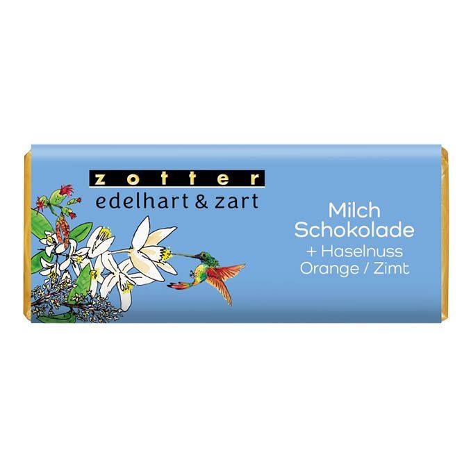 Milchschokolade + Haselnuss / Orange / Zimt, alkoholfrei, 70g Milchschokolade + Haselnuss / Orange / Zimt, alkoholfrei, 70g