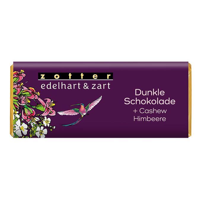 Dunkle Schokolade + Cashew / Himbeere, alkoholfrei, 70g Dunkle Schokolade + Cashew / Himbeere, alkoholfrei, 70g