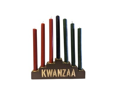 "Kwanzaa"  Kinara Set with Mishumaa Saba Candles - Traditional Brown Wooden Kinara with Gold Finish