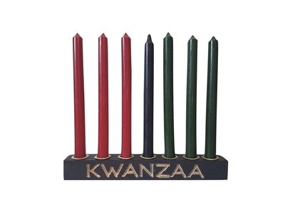 Kwanzaa Kinara -Hand carved "Kwanzaa" with Mishumaa Saba -Black with Gold Finish