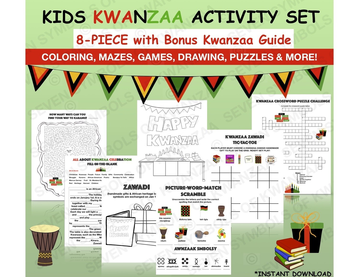 Kids Kwanzaa Coloring, Crossword, Word Search, Maze Games, Activity Set with BONUS Kwanzaa Guide- Kwanzaa, Printables, Kids-INSTANT DOWNLOAD