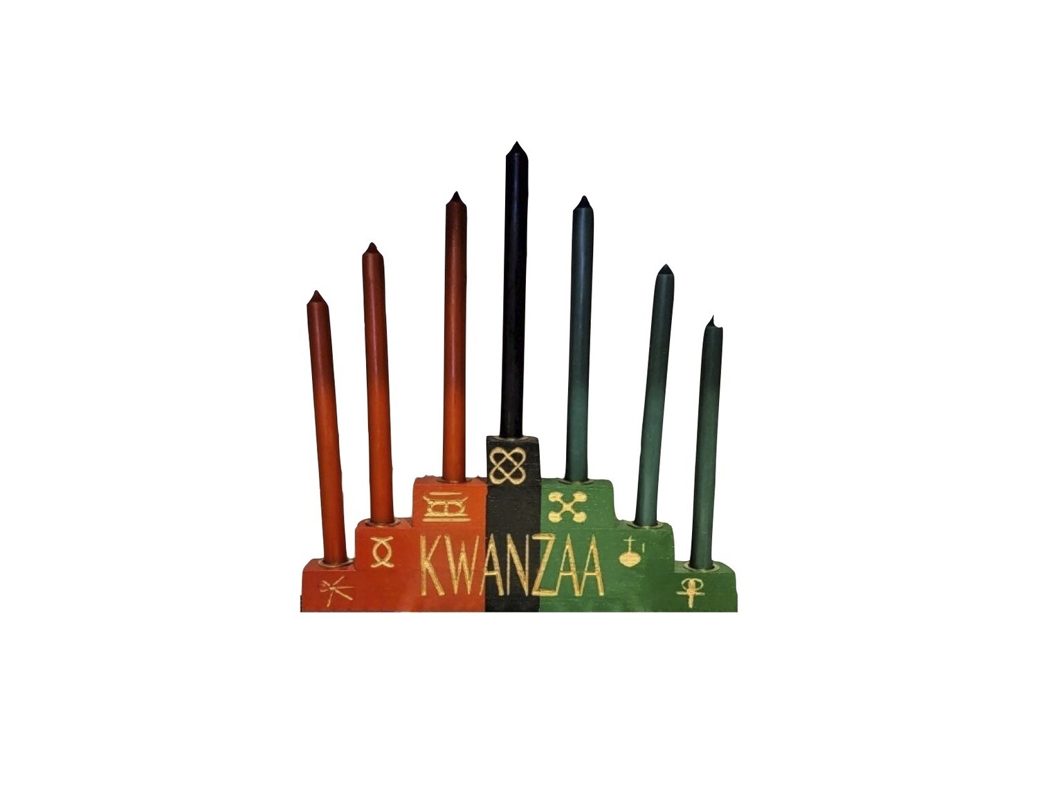 Kwanzaa Kinara -Seven Symbols Colors of Africa Wooden Kinara with Gold Finish