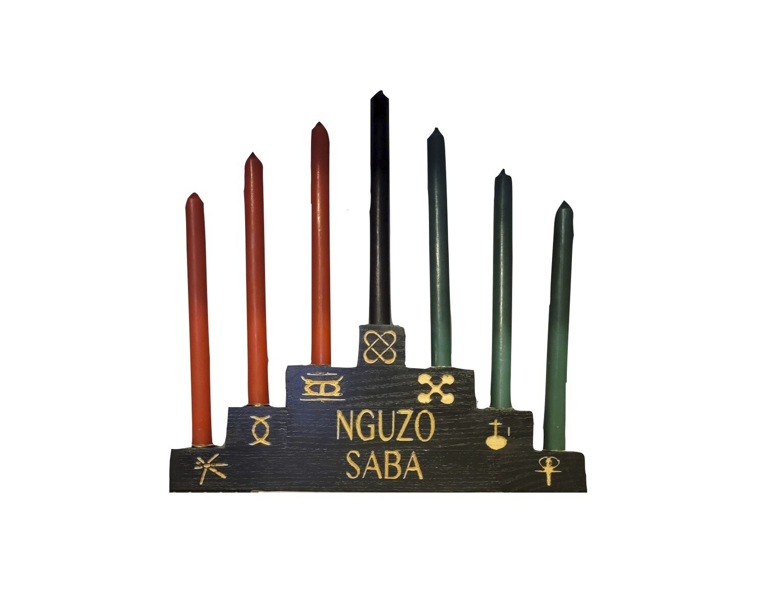 Kwanzaa Kinara- "Nguzo Saba' & 7 Symbols Hand carved Candles Included