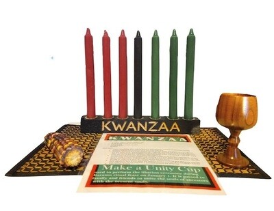 Kwanzaa Kinara -Hand carved "Kwanzaa" Kinara Celebration Set -Black with Gold Finish