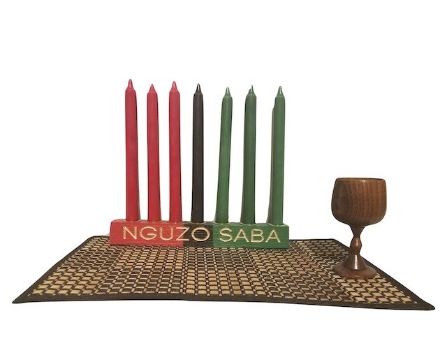 NGUZO SABA- "Kwanzaa" Kinara Celebration Set -Straight Colors of Africa with Gold Finish