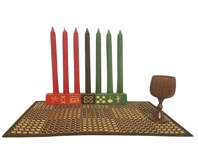 Colors of Africa Engraved Seven Principles of Kwanzaa- "Kwanzaa" Kinara Celebration Set -Straight with Gold Finish