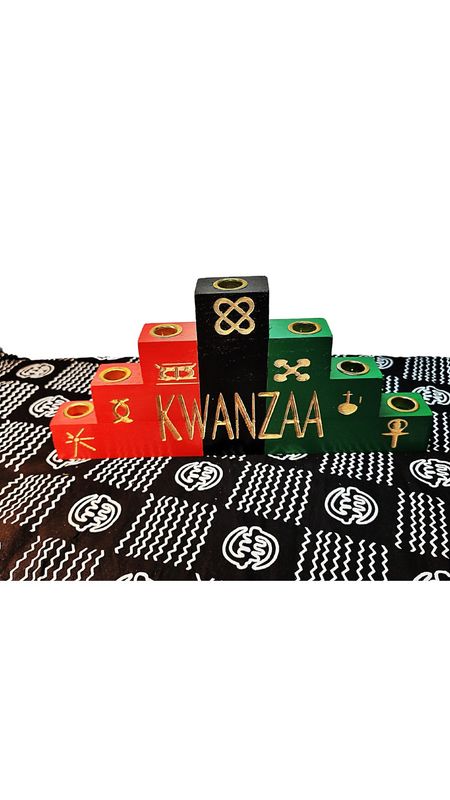 RBG Pyramid Kwanzaa Kinara with Kwanzaa &amp; Seven Symbols Engraving