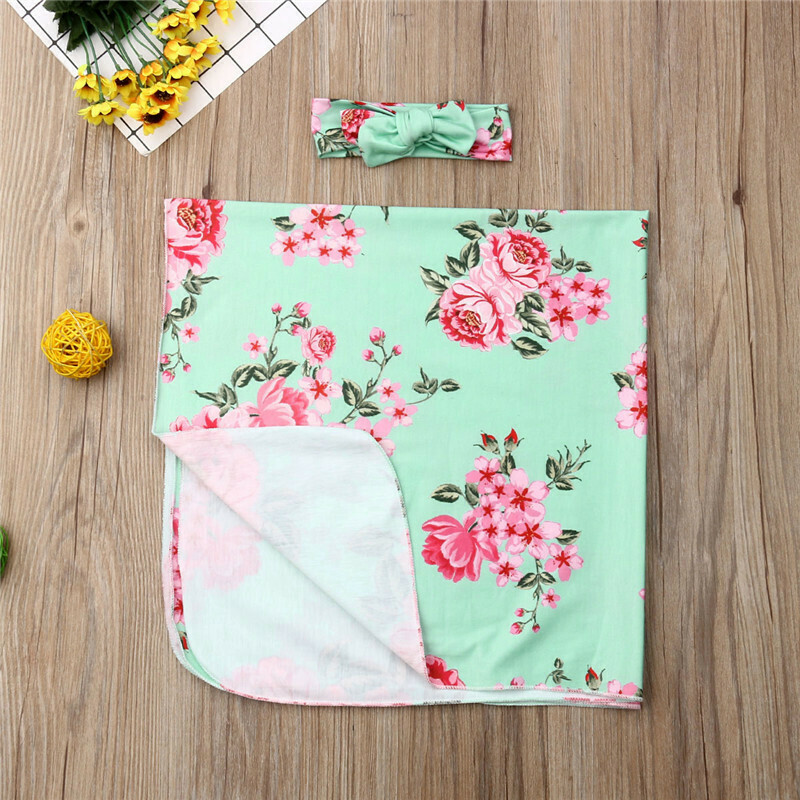Swaddle Set with Headband Blue & Peonies