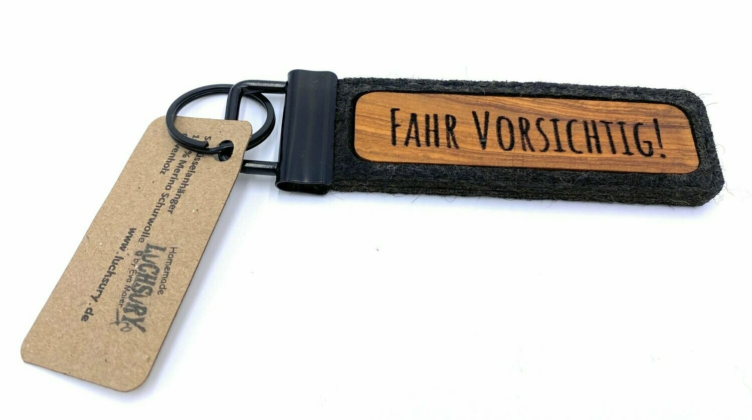 Schlüsselanhänger Naturfilz / Olivenholz "Fahr Vorsichtig"
