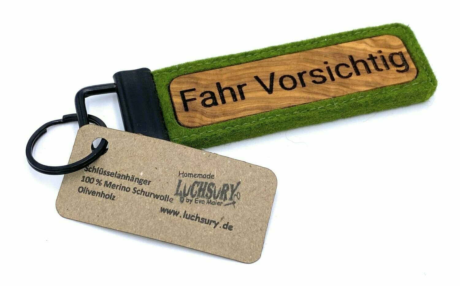 Schlüsselanhänger Naturfilz / Olivenholz "Fahr Vorsichtig"