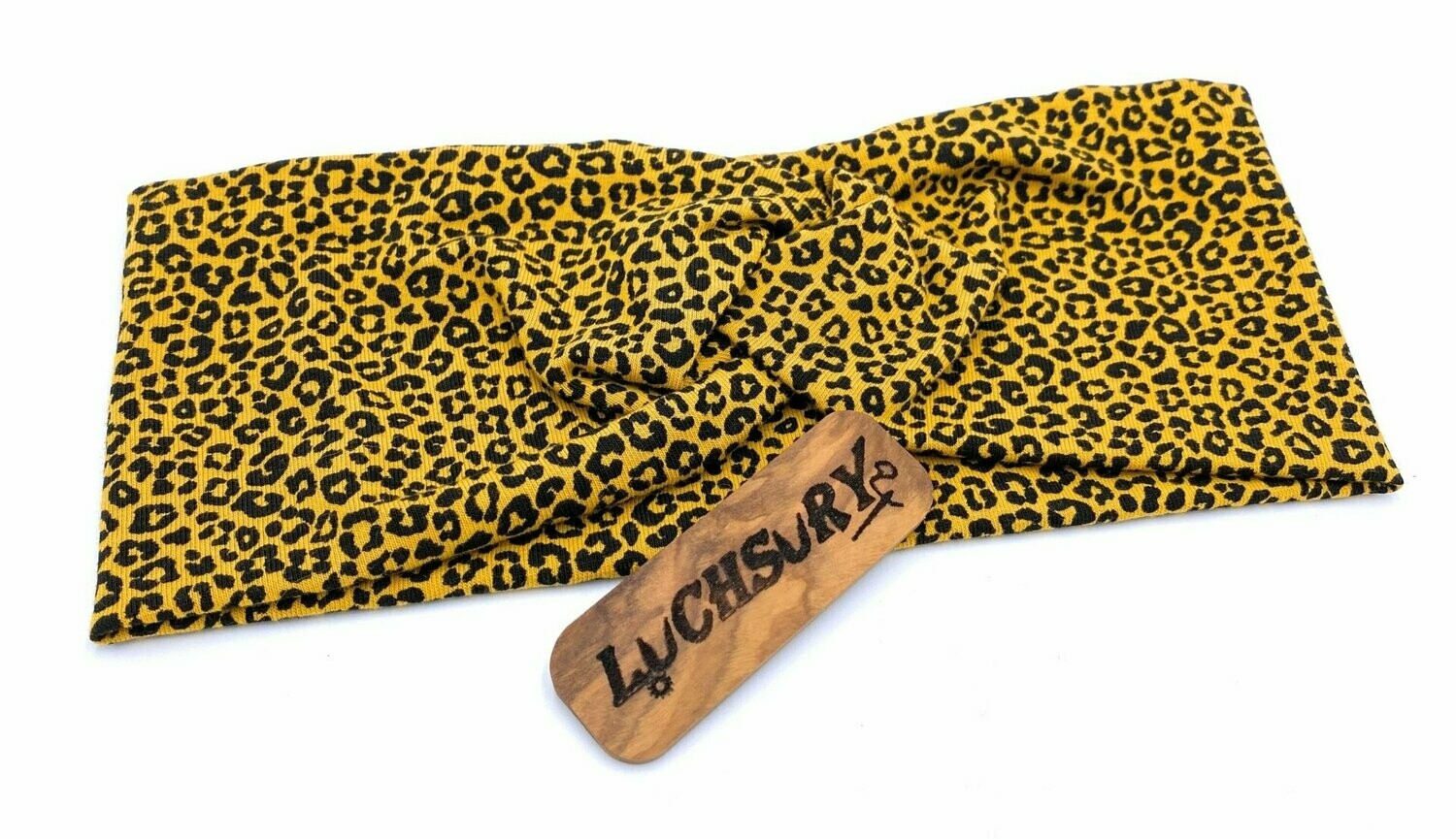Knotenhaarband / Stirnband - Leoprint- senfgelb kleines Muster