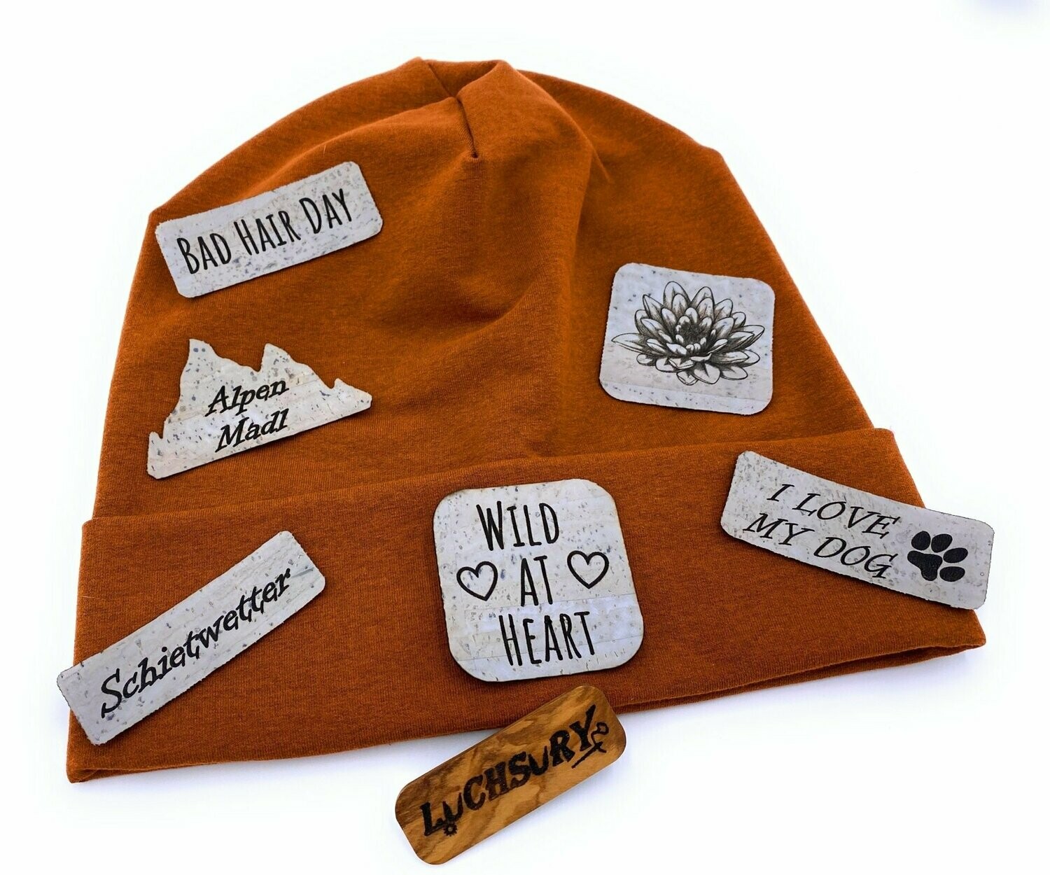 Beanie mit Stulpe_Rost meliert_Wunschaufnäher