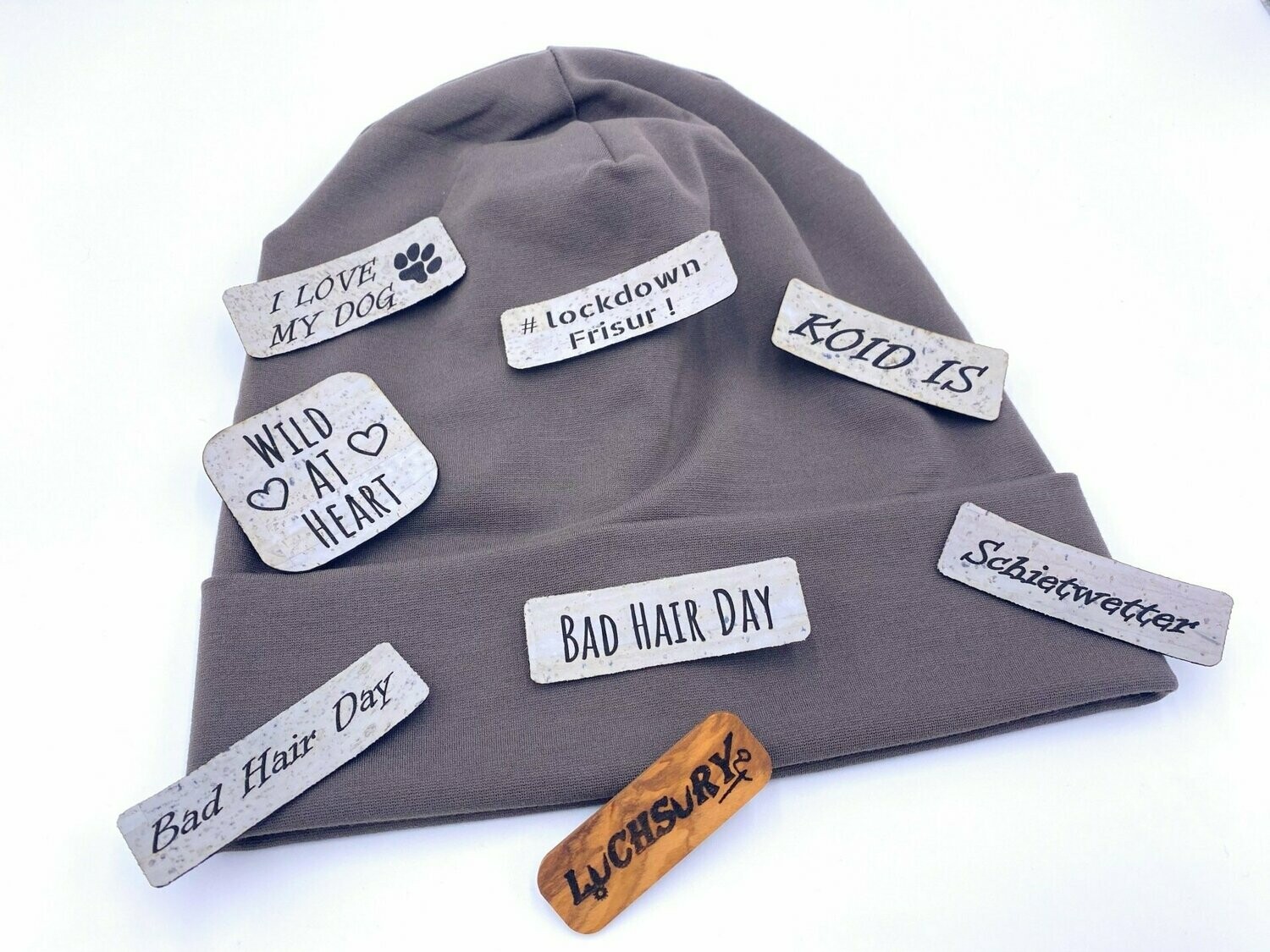 Beanie mit Stulpe_Taupe _Wunschaufnäher
