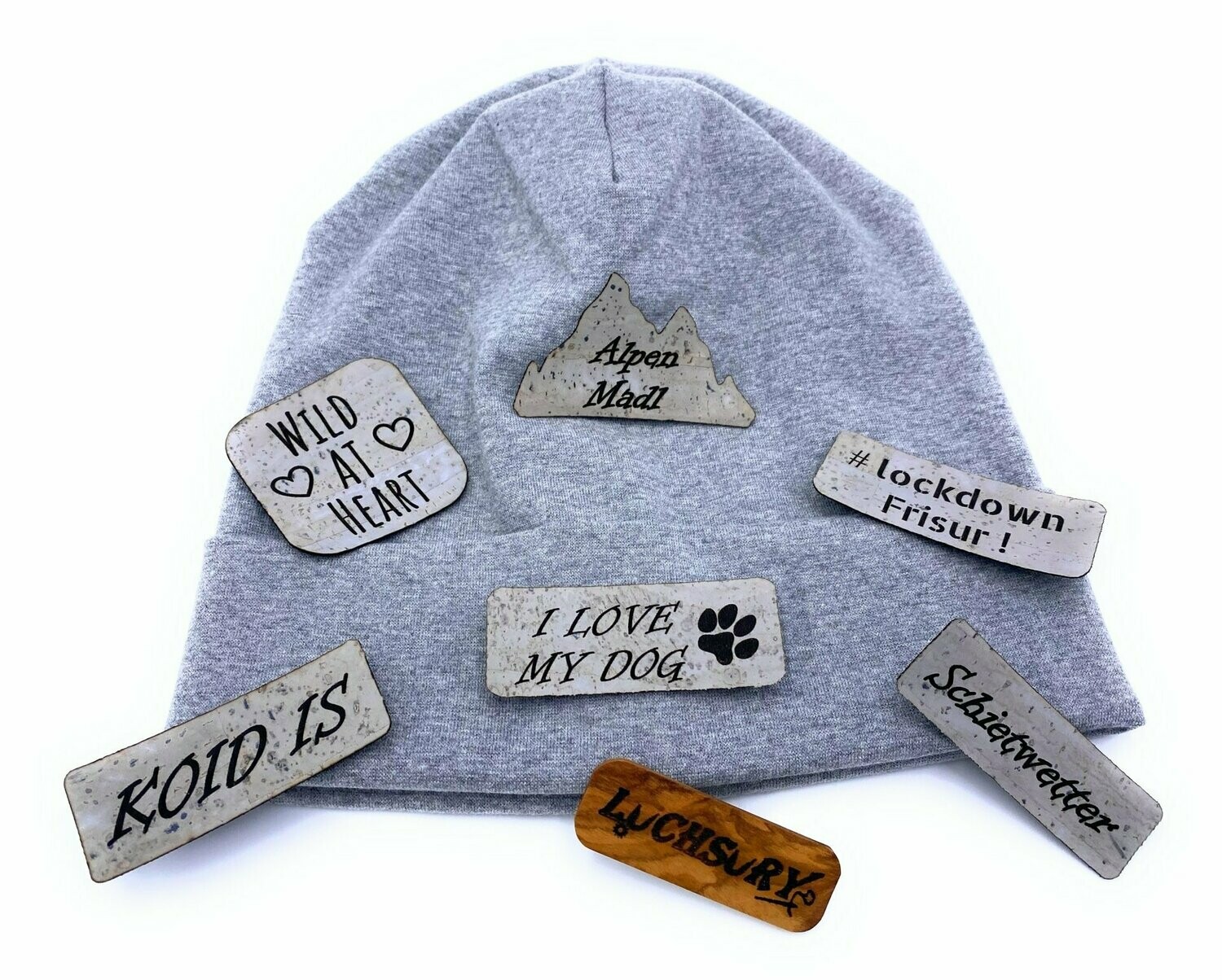 Beanie mit Stulpe_grau meliert _Wunschaufnäher