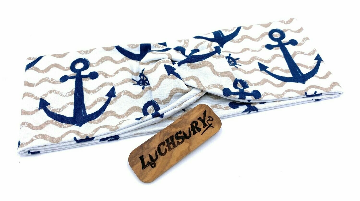 Knotenhaarband / Stirnband - Anker / Steuerrad / Wellen / Blau-Beige