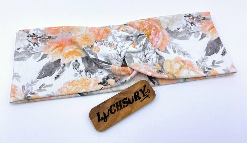 Knotenhaarband / Stirnband - Blumenprint Aquarell Apricot grau​