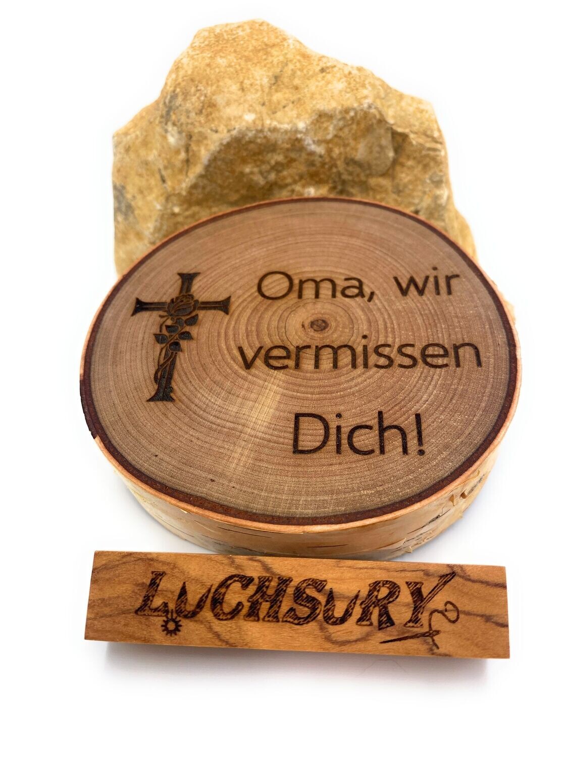 Birkenscheibe "Oma / Kreuz Rose"