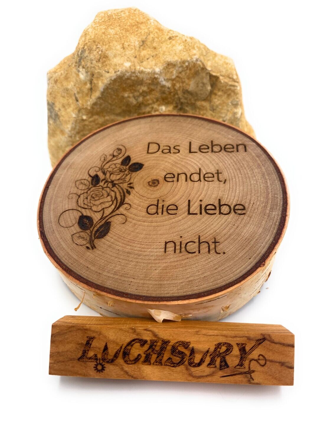 Birkenscheibe "Das Leben.... / Rosenranke"