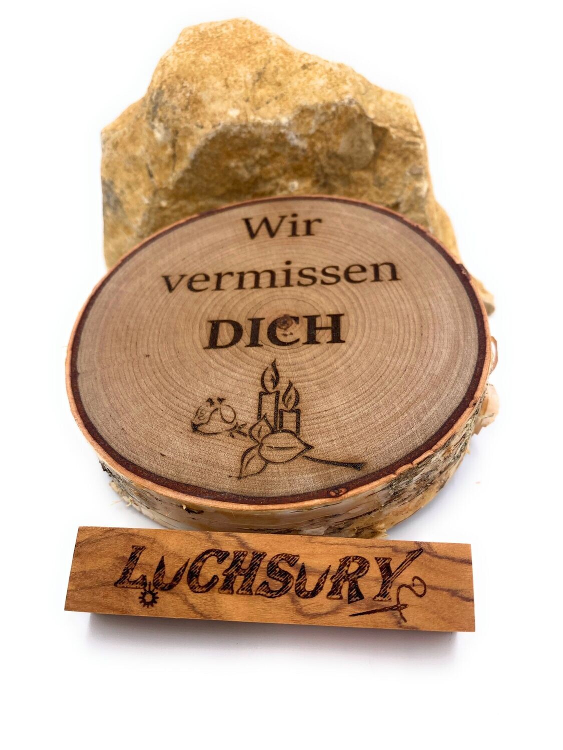 Birkenscheibe "Wir vermissen... / Rosenkerze"