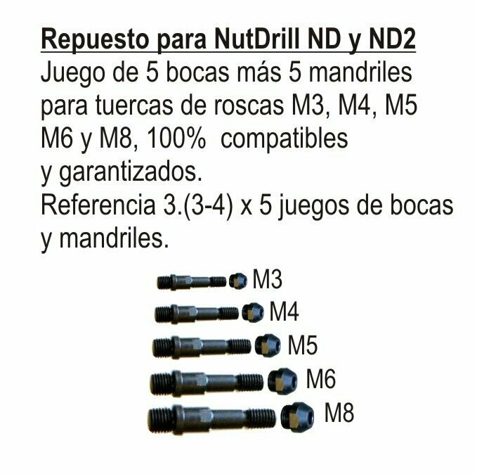 Repuestos de 5 Juegos de mandriles  y guías desde M-3 a M-8