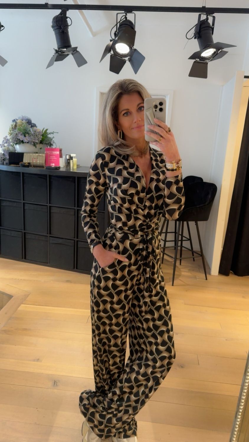 Yasmin jumpsuit print beige/ zwart