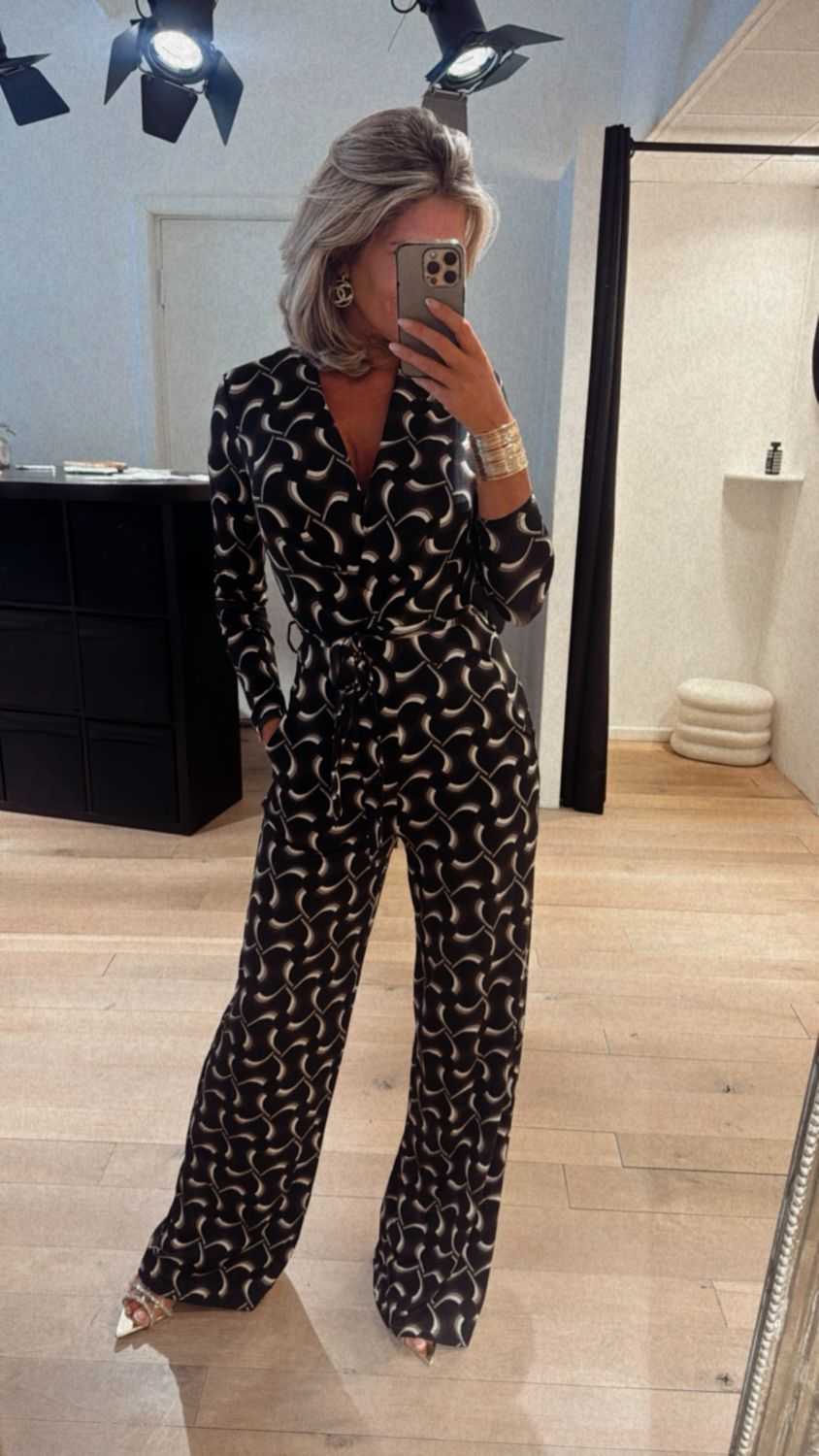 Yasmin jumpsuit print Coffee/ zwart