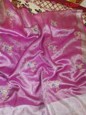 Pink shade Jhatka Embroidery tissue linen saree