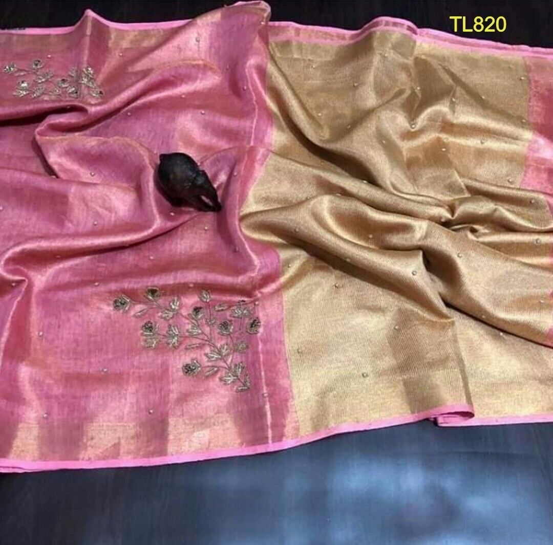 Pink Golden shade tissue linen zari border saree with motifs work