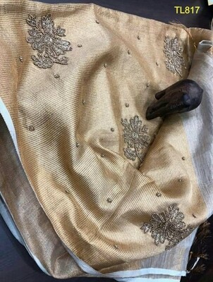 Silver Gold shade tissue linen zari border saree with motifs work