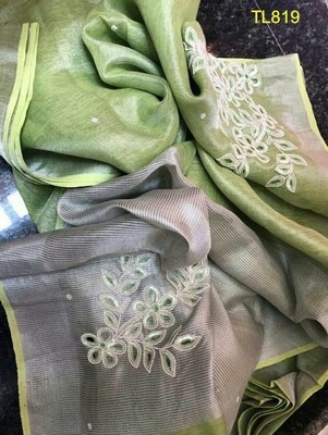 Green shade tissue linen zari border saree with motifs work