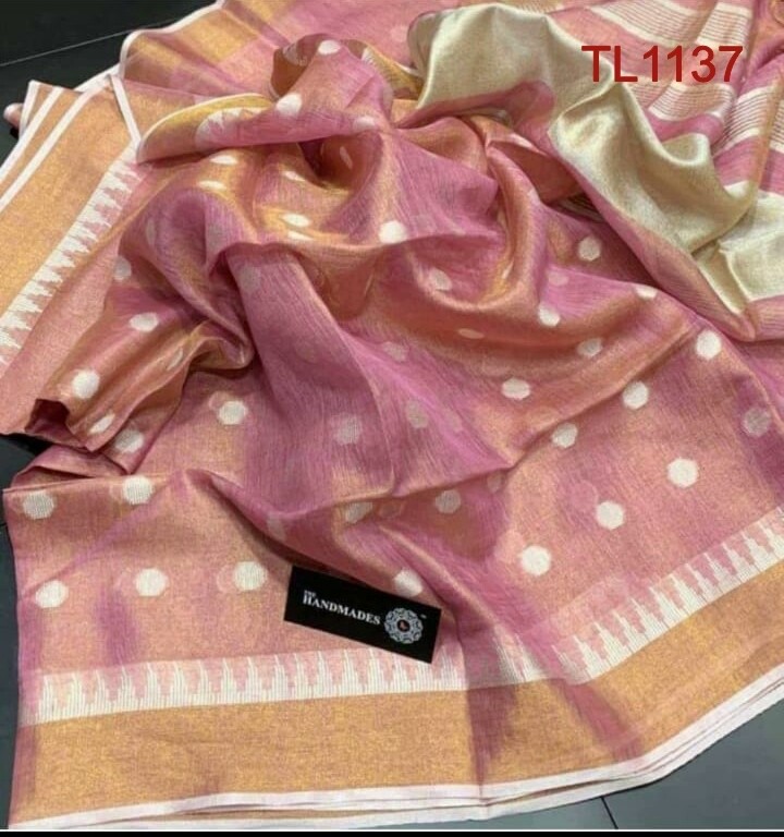 Pink shade tissue linen temple border Saree with butta weaving