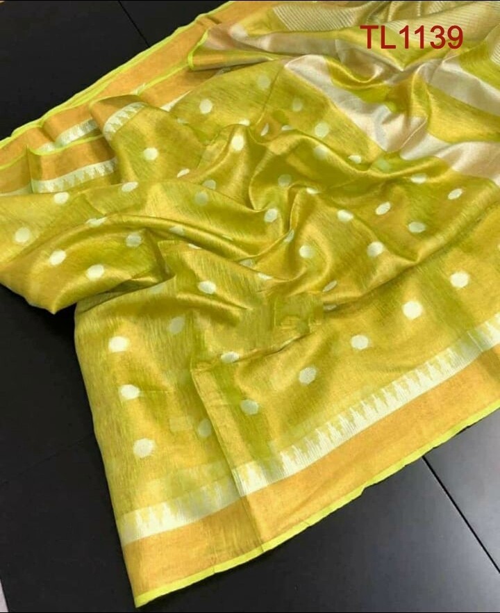 Yellow shade tissue linen temple border Saree with butta weaving