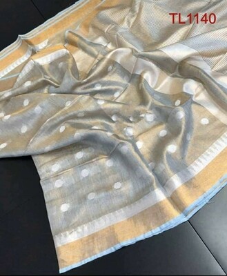Grey shade tissue linen temple border Saree with butta weaving