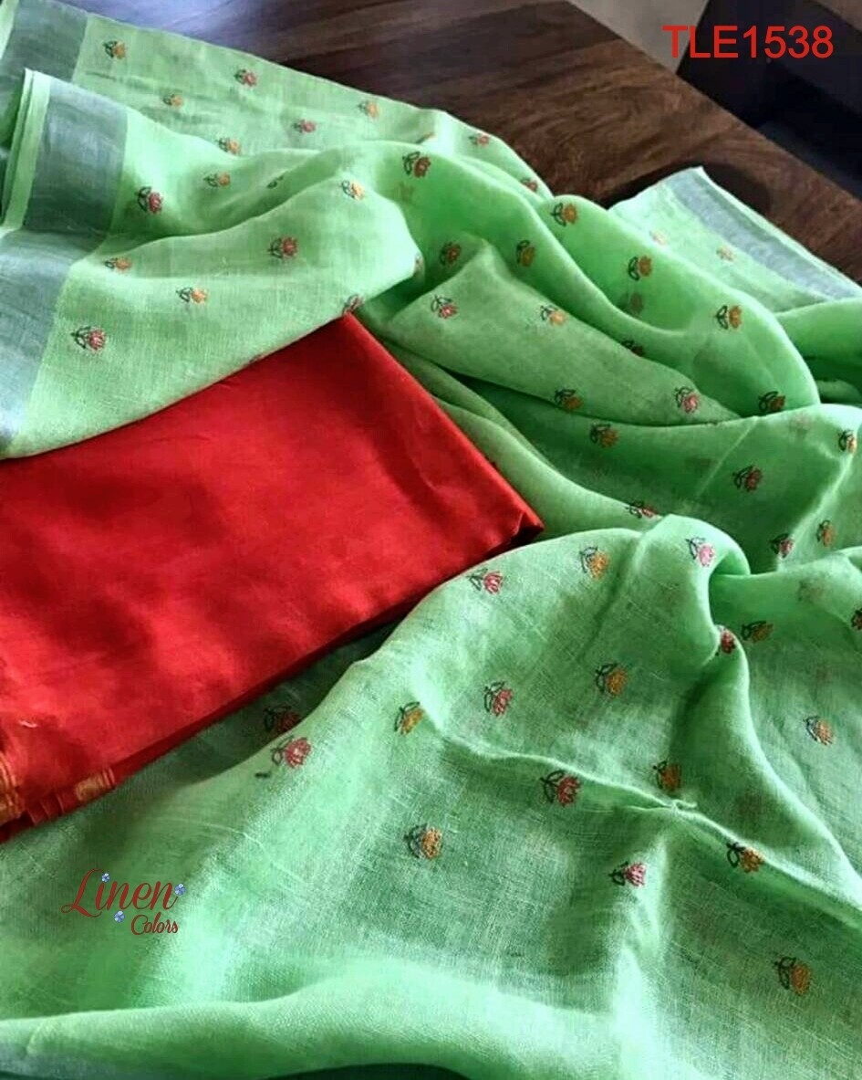 Tissue linen zari border saree with computerized embroidery work