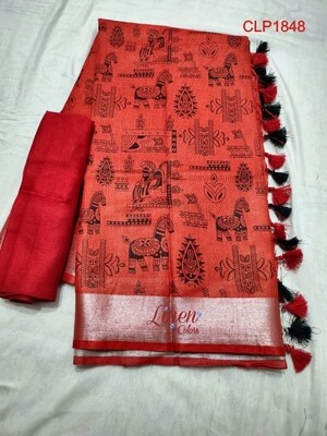 Cotton linen Saree with new exclusive prints Cotton linen Saree with new exclusive prints